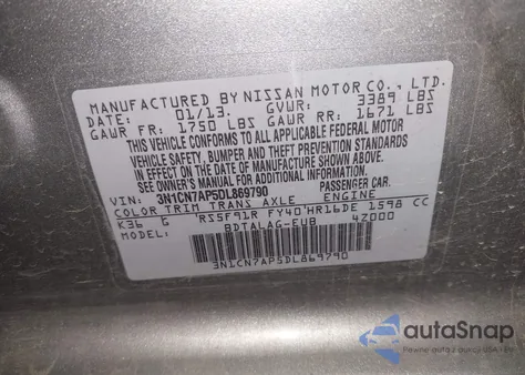 2013 Nissan Versa 1.6 S z USA, uszkodzony, nr VIN 3N1CN7AP5DL869790